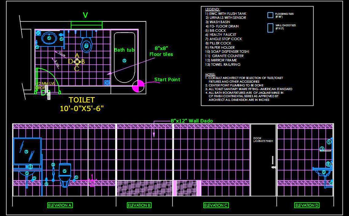 Toilet Design- Free 2D CAD Drawing with Complete Details